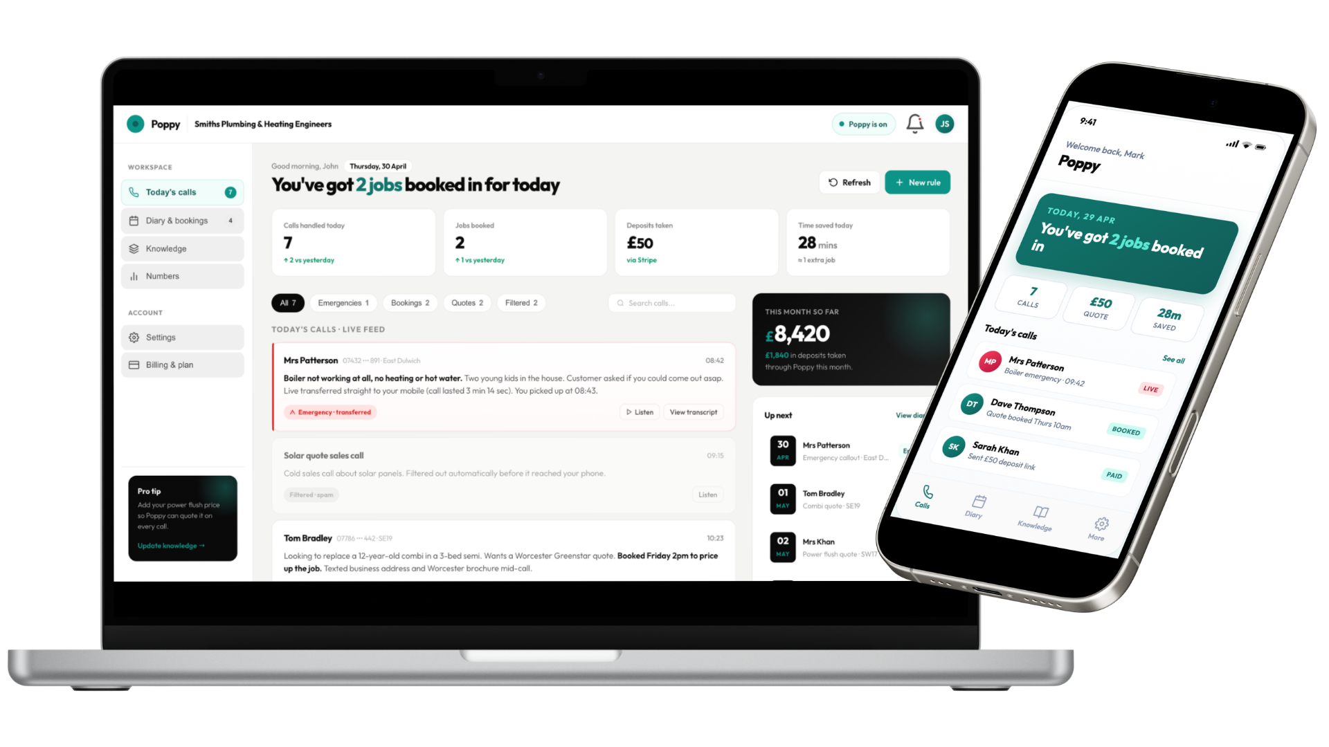 Poppy dashboard on laptop and mobile, showing today's calls, bookings and revenue tracking for a UK service business